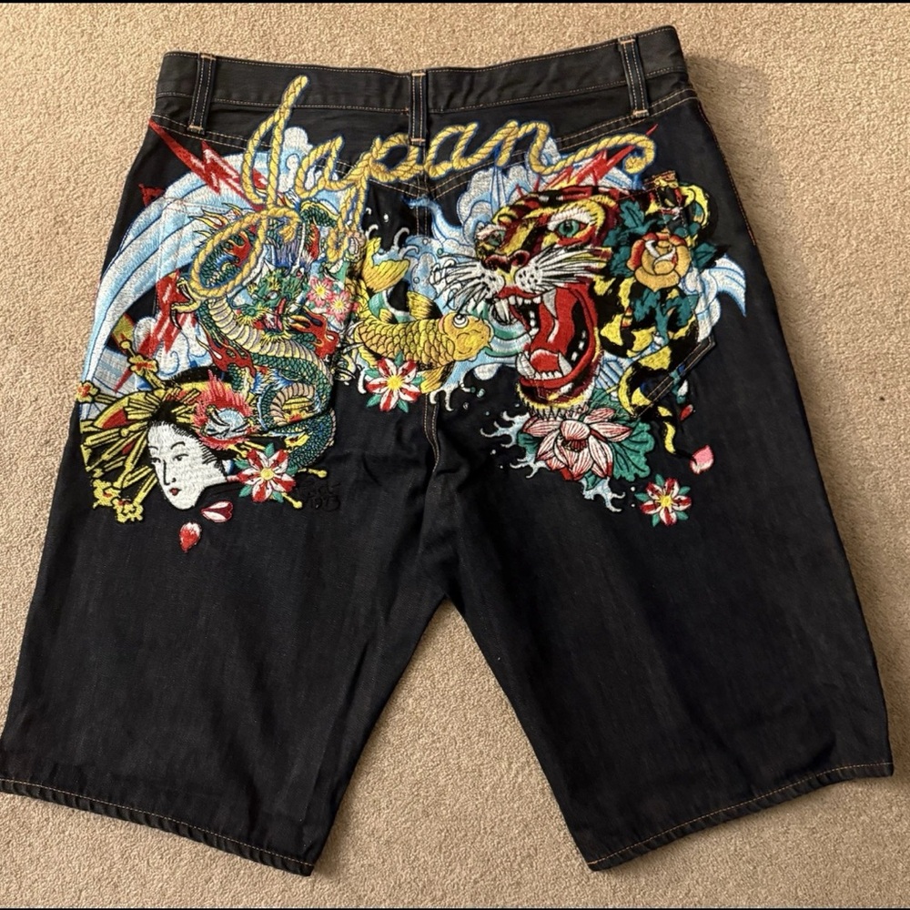 RARE Ed Hardy Denim 38 Japan Dragon Koi Fish Tiger Lightning Rare Cotton VINTAGE